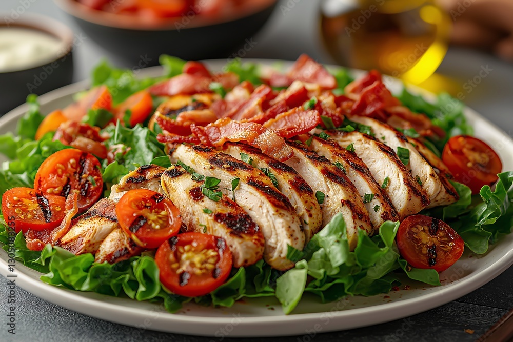 Grilled chicken salad with bacon and tomatoes home kitchen food photography indoor fresh ingredients Grilled chicken salad with bacon and tomatoes home kitchen food photography indoor fresh ingredients