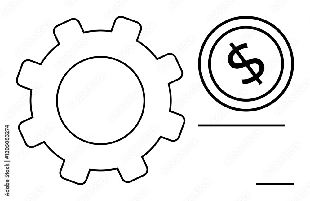Gear and dollar coin suggesting economic mechanisms, productivity. Ideal for business, finance, automation, economy, investment, planning teamwork. Simple neat flat simple metaphor Gear and dollar coin suggesting economic mechanisms, productivity. Ideal for business, finance, automation, economy, investment, planning teamwork. Simple neat flat simple metaphor