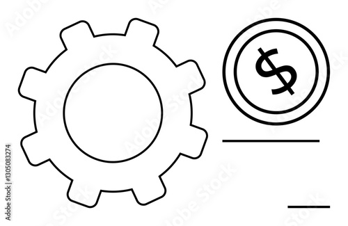 Gear and dollar coin suggesting economic mechanisms, productivity. Ideal for business, finance, automation, economy, investment, planning teamwork. Simple neat flat simple metaphor