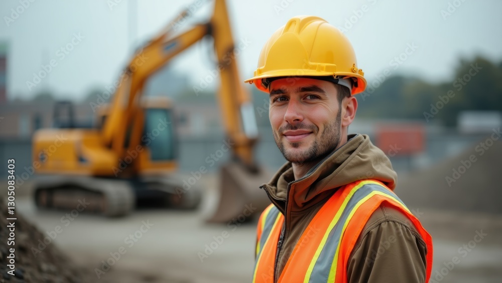 Fototapeta premium Confident Male Construction Worker Smiling Hard Hat Excavator Background