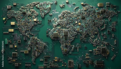Global map made of electronic circuit board components symbolizing world trade and global electronics market ,

