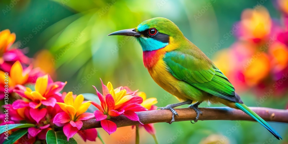 Vibrant Rainbow Bird Perched on Branch Amidst Blossoming Flowers in Lush Garden Vibrant Rainbow Bird Perched on Branch Amidst Blossoming Flowers in Lush Garden