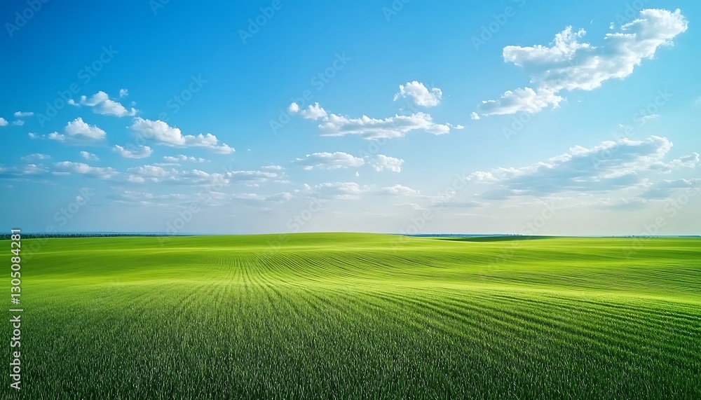 Obraz premium Aerial landscape of lush green fields under a clear blue sky with soft clouds showcasing ample space for text or design elements ,