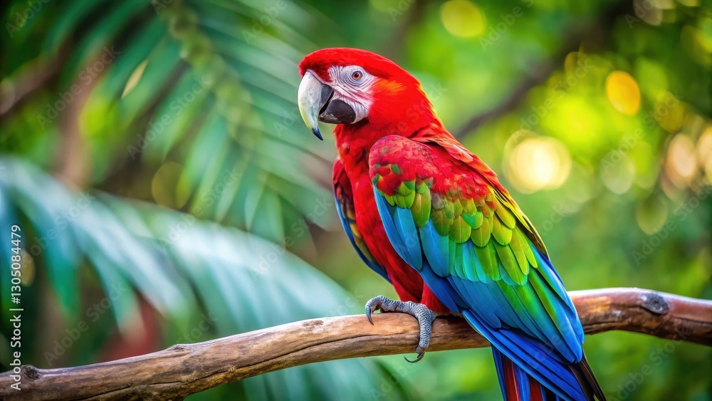 Obraz premium Vibrant green winged macaw with bright plumage sitting on a tree branch, winged, bird, winged, bird, canopy, tropical