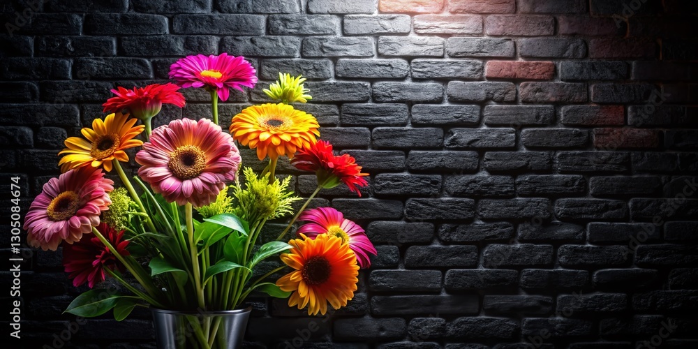Fototapeta premium Bold Floral Design Dark Brick Wall Background - Stock Photo