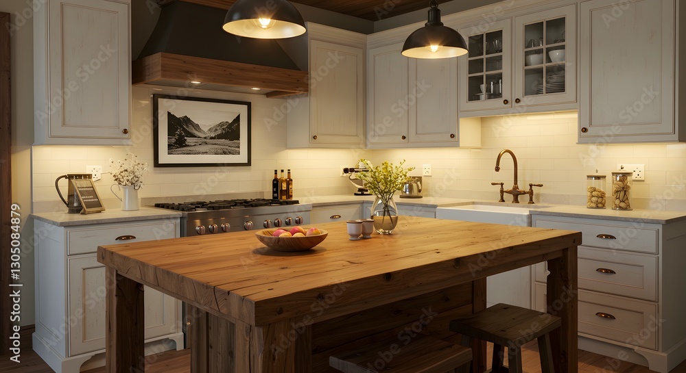 Fototapeta premium Cozy Modern Kitchen Interior with Rustic Wooden Dining Table and Elegant Lighting