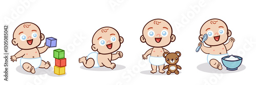 Set of cute of a smiling baby in different situations: playing with blocks, crawling, standing with a teddy bear, and eating with a spoon. Vector cartoon illustration.