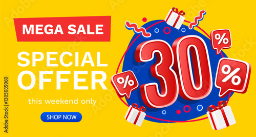 30 percent Special offer mega sale, Check and gift box. Sale banner and poster. Vector illustration.