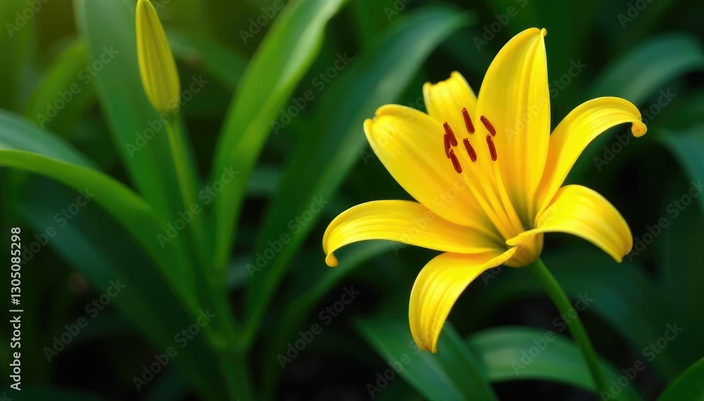 Yellow bright lily flower with leaves on the ground, leaves, bloom, flower Yellow bright lily flower with leaves on the ground, leaves, bloom, flower