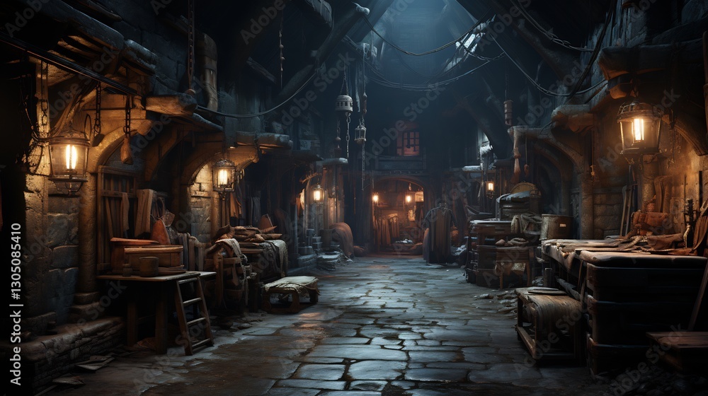 Dark Alleyway: Medieval Town for Cobblestone Street, Night.