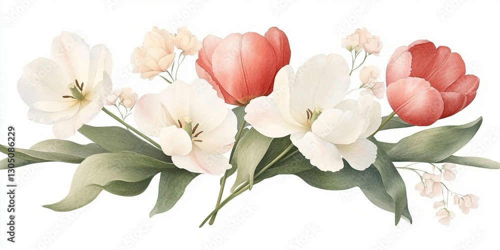 Fototapeta premium Floral Elegance: A delicate arrangement of tulips, featuring vibrant colors and graceful petals, offers a touch of natural beauty.