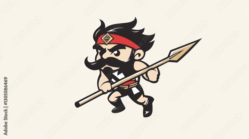 Cartoon warrior charging with spear, fantasy background, possible use for video game character design Cartoon warrior charging with spear, fantasy background, possible use for video game character design