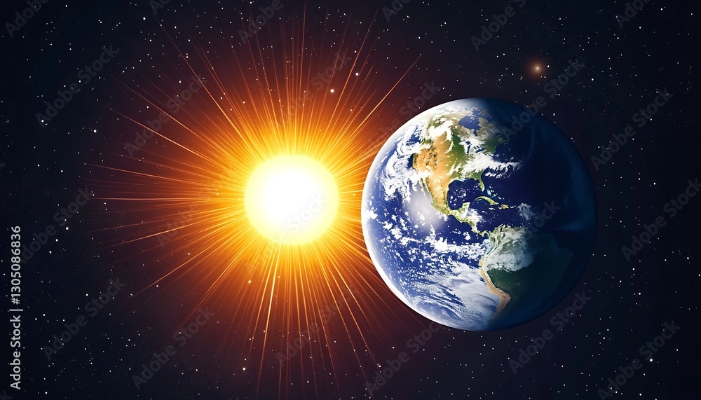 Fototapeta premium Earth axis diagram illustration showing the tilt of the Earth's rotational axis relative to its orbital plane, explaining the cause of seasonal changes and the distribution of sunlight. ,