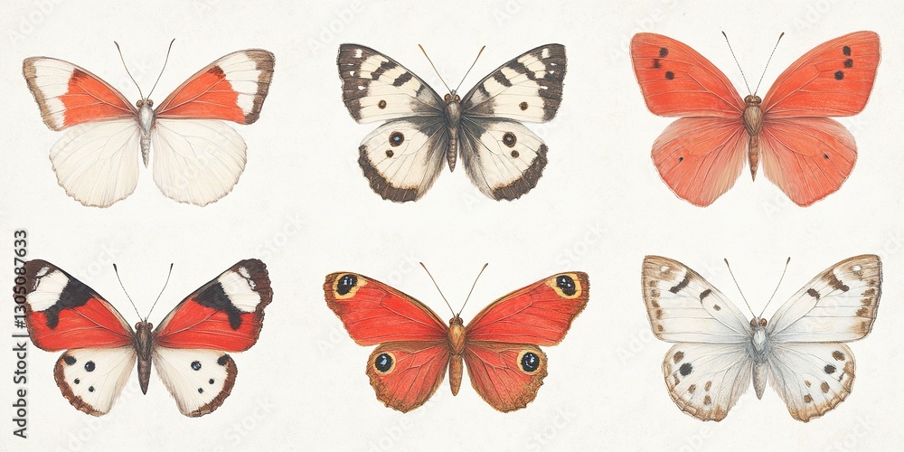 Butterflies in the Collection: A vibrant showcase of a variety of butterflies. Detailed illustrations of their wings, showcasing their different colors, patterns and sizes. Butterflies in the Collection: A vibrant showcase of a variety of butterflies. Detailed illustrations of their wings, showcasing their different colors, patterns and sizes.