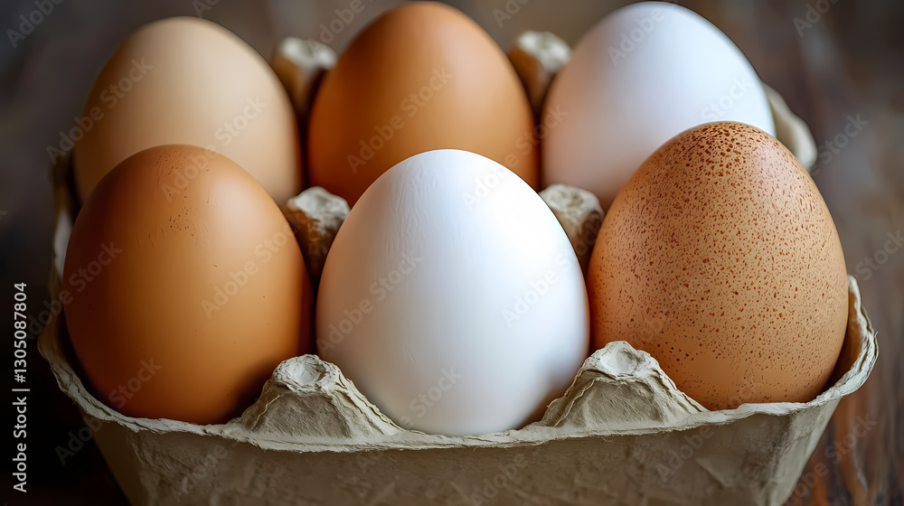 Carton of Eggs with Brown and White Varieties on Wooden Surface Carton of Eggs with Brown and White Varieties on Wooden Surface