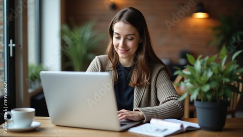 Young Woman Working on Laptop in Cozy Cafe Freelance Remote Work Coffee Shop