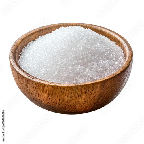 Wooden bowl of granulated sugar isolated on transparent background.