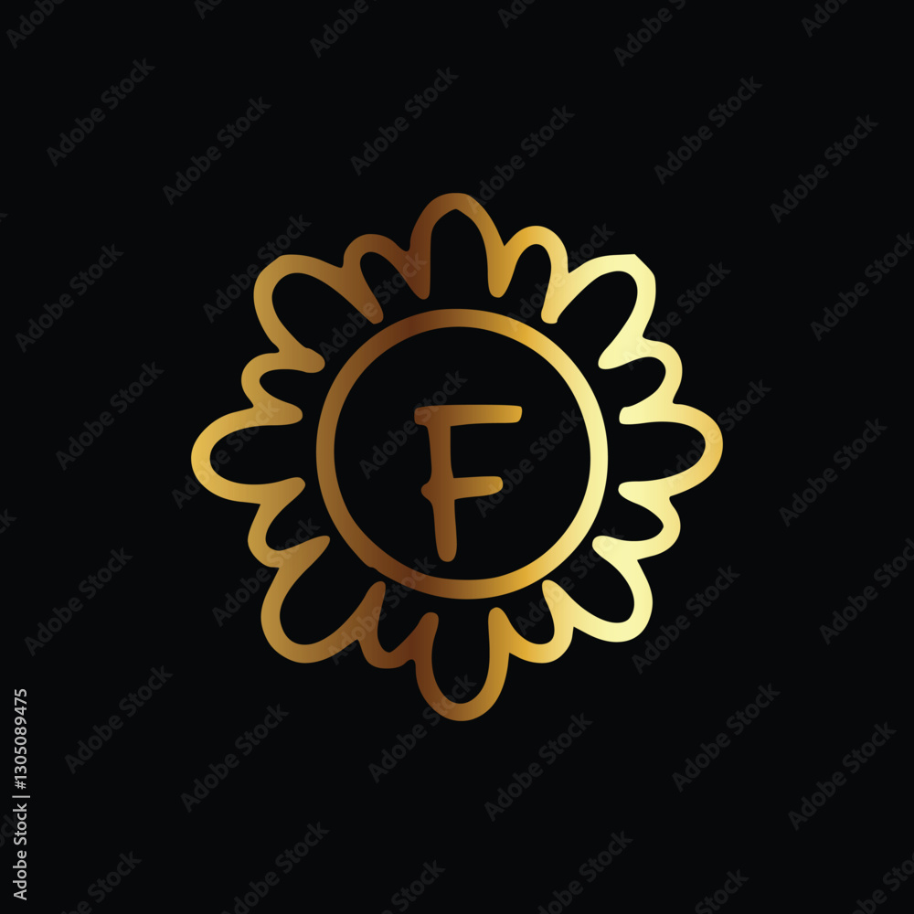 Naklejka premium Golden letter F monogram in floral badge style in black background luxury emblem design