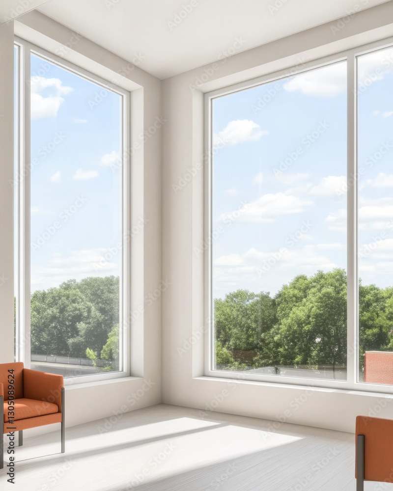 Bright modern room with large windows overlooking green trees during a sunny day Bright modern room with large windows overlooking green trees during a sunny day