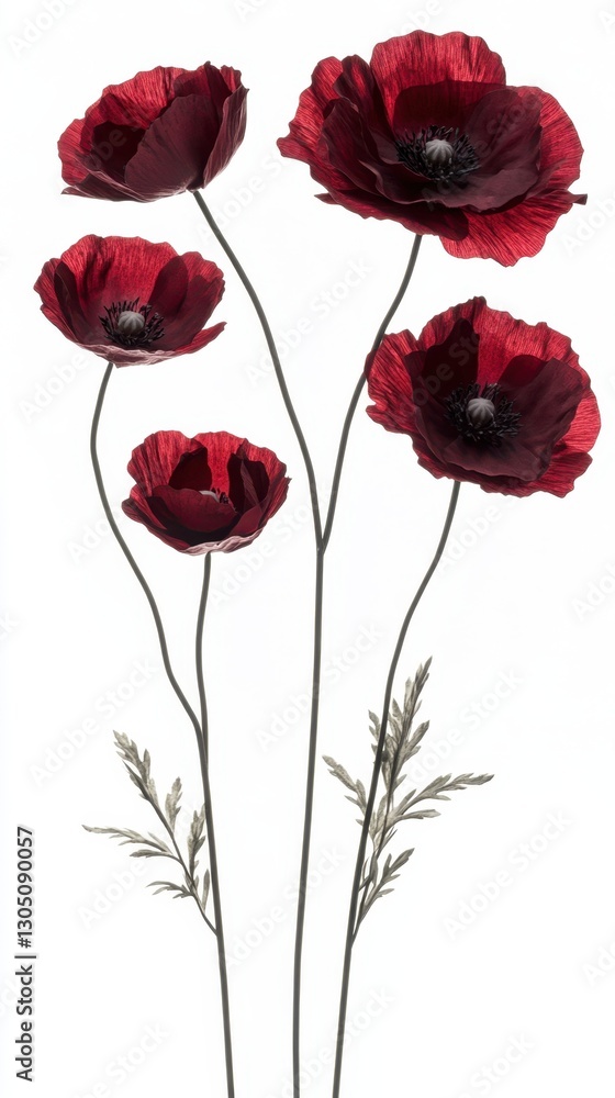 Obraz premium Elegant arrangement of dark red poppy flowers on pristine white backdrop creating a captivating floral composition for stock photography