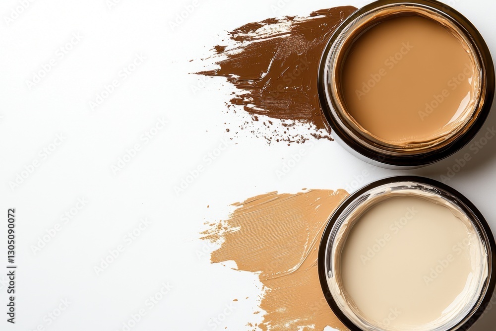 Cosmetic foundation shades in jars with smears on white backdrop showcasing beauty and makeup products for skin tone matching and flawless complexion