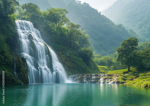 Serene Waterfall Cascading Over Lush Green Mountains in a Tranquil Natural Landscape with Misty Background and Reflective Pool