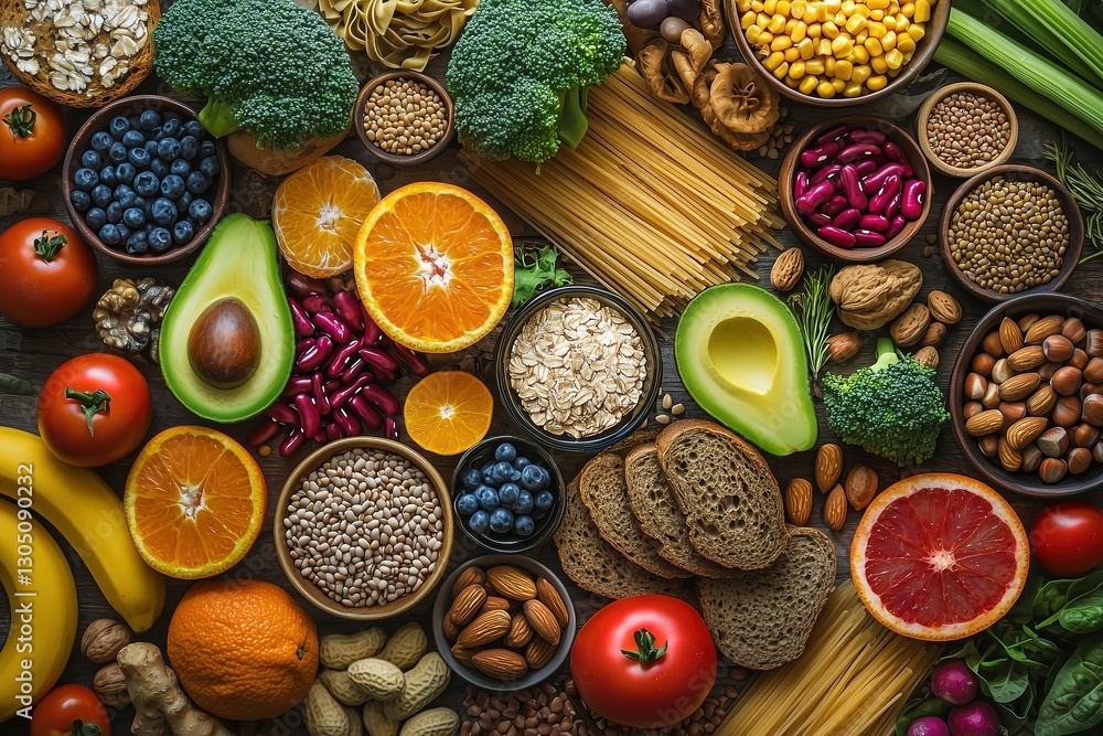 Vibrant and Diverse Healthy Food Selection, Featuring Fruits, Vegetables, Grains, and Nuts, Top View Vibrant and Diverse Healthy Food Selection, Featuring Fruits, Vegetables, Grains, and Nuts, Top View