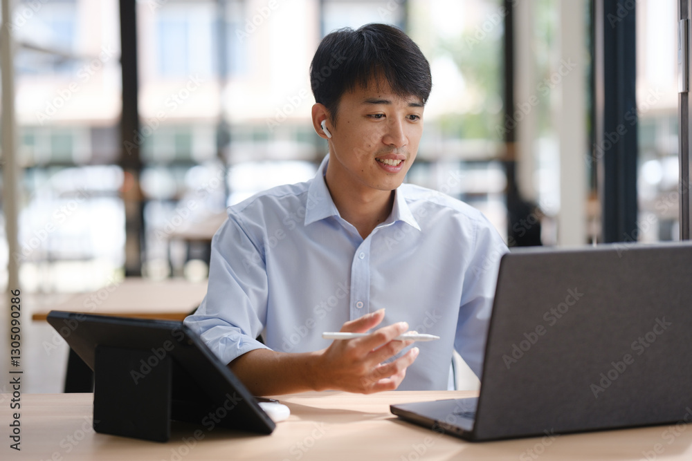 Business consultant advising clients and team in a video conference Business consultant advising clients and team in a video conference