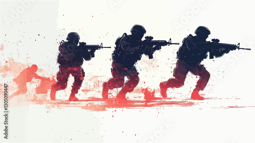 The image depicts three silhouetted figures of soldiers in dynamic action poses, holding rifles.  They are rendered in dark blue/black silhouettes against a background suggesting a dusty or