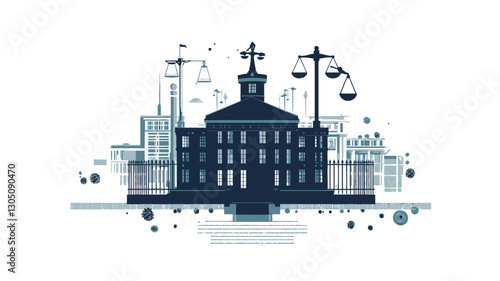 A stylized vector illustration depicting a cityscape with a prominent courthouse silhouette in the center. The courthouse is dark blue, detailed with a steeple and rectangular windows.