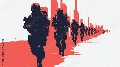 A stylized digital illustration depicting a line of soldiers in dark silhouettes marching towards a stylized cityscape in the background. The background is rendered in shades of red and