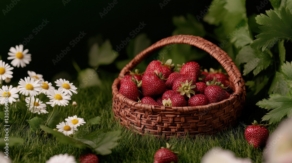 A rustic wicker basket brimming with fresh strawberries, surrounded by daisies and lush greenery, evoking a vibrant summer vibe. A rustic wicker basket brimming with fresh strawberries, surrounded by daisies and lush greenery, evoking a vibrant summer vibe.