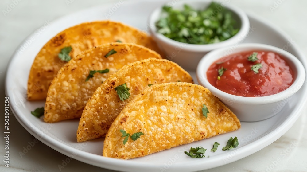 A plate of crispy tacos served with fresh salsa and chopped green herbs, offering a delicious and colorful Mexican meal. A plate of crispy tacos served with fresh salsa and chopped green herbs, offering a delicious and colorful Mexican meal.