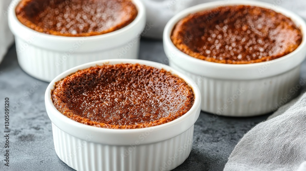Delicious creme brulee in white ramekins, featuring a perfectly caramelized top and creamy interior, elegantly presented on a textured surface. Delicious creme brulee in white ramekins, featuring a perfectly caramelized top and creamy interior, elegantly presented on a textured surface.
