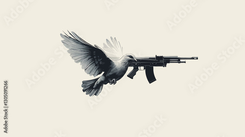 A monochrome image depicting a dove in flight carrying a rifle. The dove is central, wings outstretched, appearing to hold the rifle horizontally. The background is a plain, off-white
