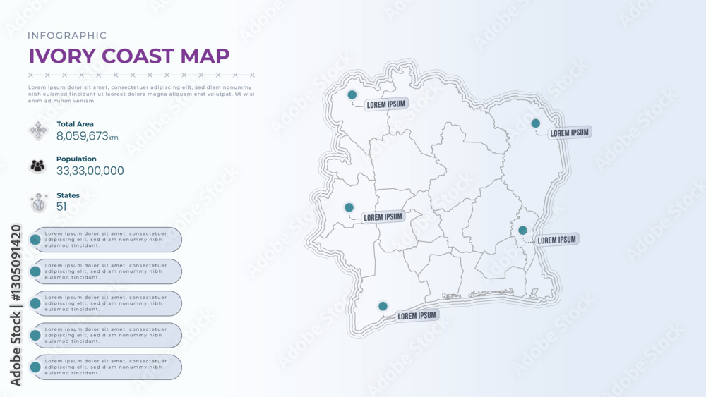 Fototapeta premium Total Area, Papulation, States & More Detailed Infographic Map of Ivory Coast. Ivory Coast country map infographic colored vector template with regions and pointer marks.