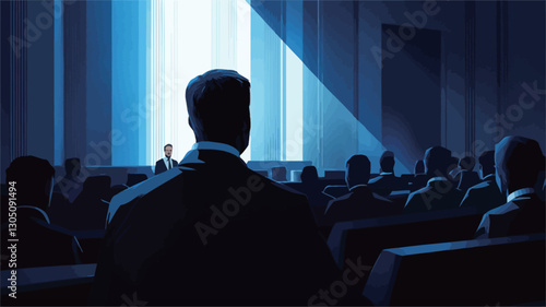 The image is a stylized illustration, predominantly in shades of blue, depicting a speaker addressing a large audience. The speaker's back is to the viewer, and the audience is shown in