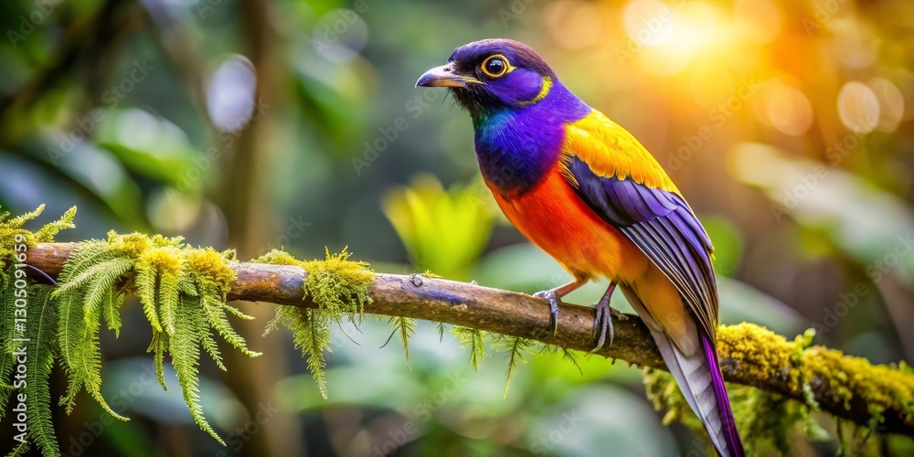 Vibrant feathered friend perched on a mossy branch, bathed in warm sunlight, showcasing iridescent plumage Vibrant feathered friend perched on a mossy branch, bathed in warm sunlight, showcasing iridescent plumage