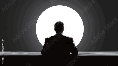 The image is a monochrome photograph depicting the back of a man in a suit seated at a table.  He is silhouetted against a large, brightly lit circular background that dominates the frame.