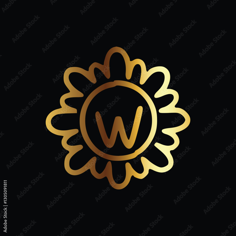 Fototapeta premium Golden letter W monogram in floral badge style in black background luxury emblem design