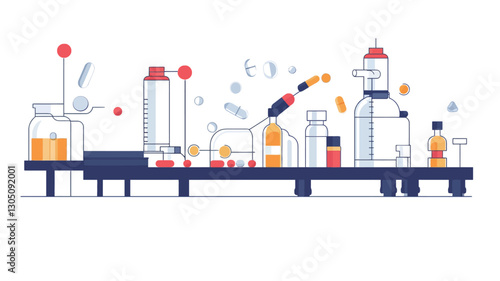 A stylized vector illustration depicting a pharmaceutical production line. The image uses a flat design style with bold outlines and minimal shading.  The illustration shows a conveyor belt