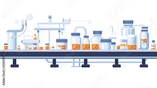 A stylized illustration depicting a pharmaceutical production line.  The image shows a conveyor belt carrying various containers and bottles of pills and capsules.  The line includes