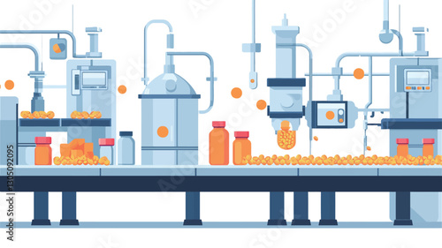 The image is a vector illustration depicting a stylized automated food processing line. The illustration features a horizontal conveyor belt carrying jars and bottles filled with an orange