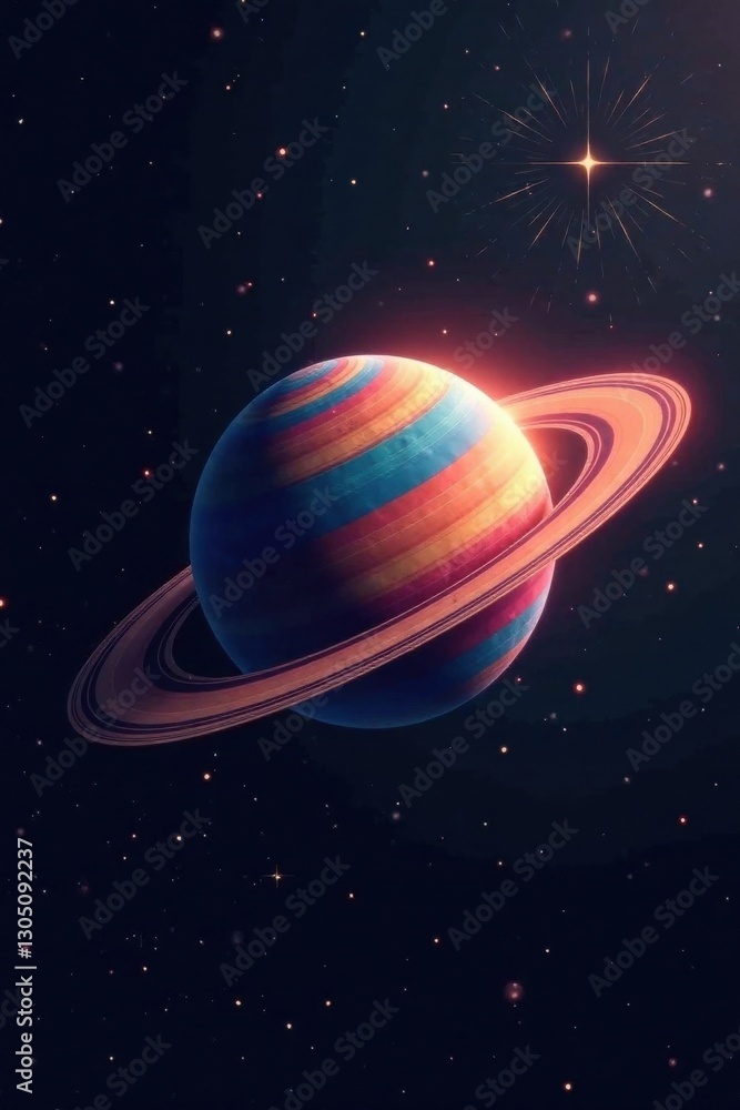Naklejka premium A vibrant ringed planet basks in the glow of a distant star, a cosmic spectacle of colorful stripes and celestial brilliance.
