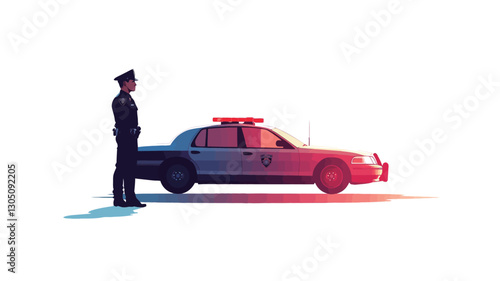 A stylized vector illustration depicting a police officer in uniform standing next to a classic-style police patrol car. The image is rendered in a minimalist style with a flat design
