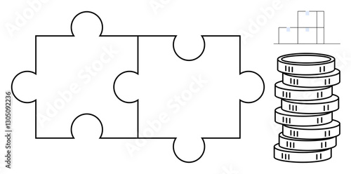 Two puzzle pieces interlocked beside stack of coins and bar chart imply teamwork in financial strategies. Ideal for business, finance, partnership, strategy, investment, growth, success, flat simple