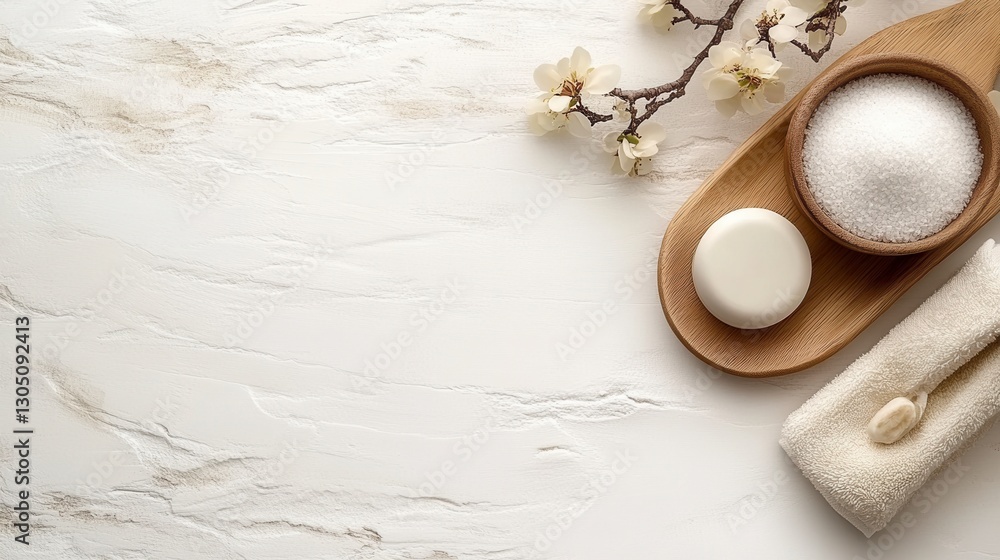 Spa treatment products, bath salt, soap, and towel on a white wooden background with white flowers. Top view, flat lay. Spa treatment products, bath salt, soap, and towel on a white wooden background with white flowers. Top view, flat lay.