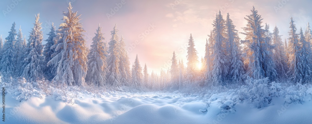 Serene Winter Landscape with Snow-Covered Trees and Soft Sunrise Serene Winter Landscape with Snow-Covered Trees and Soft Sunrise