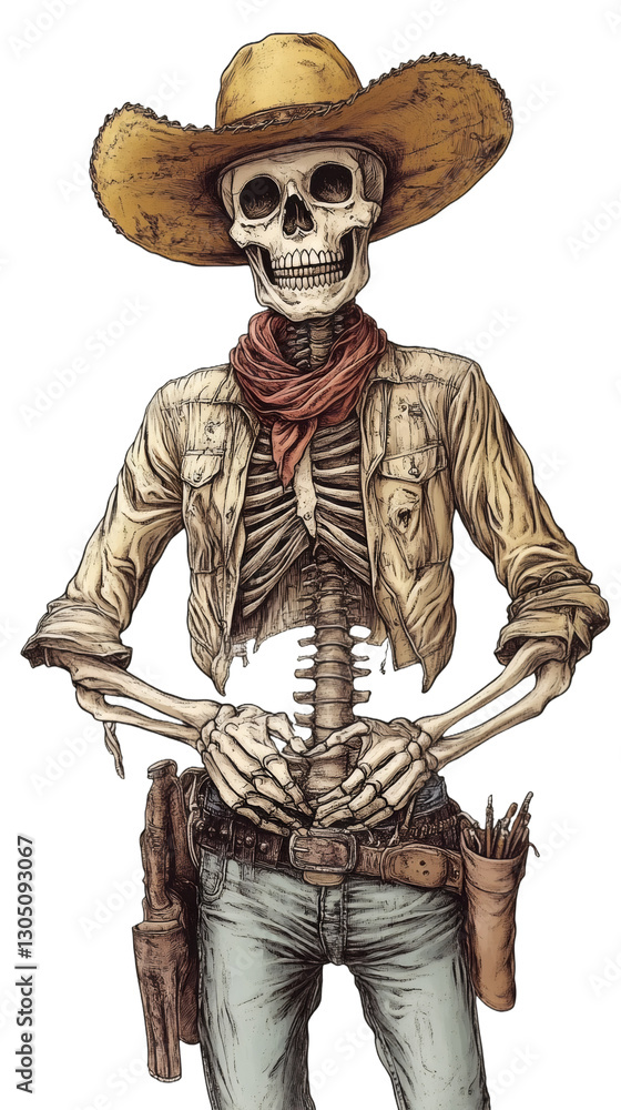 Obraz premium Cowboy skeleton with hat and red scarf posing with hands on belly, guns and brushes on its belt, on transparent background