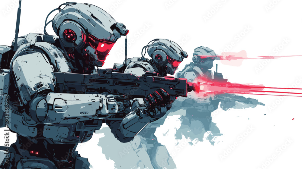 Fototapeta premium A digital illustration depicting three futuristic soldiers in combat. The soldiers are humanoid robots or cyborgs wearing white and grey armor with helmets. They are armed with weapons